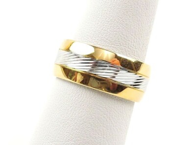 Stainless Steel 2 Tone Silver And Gold Textured 8 mm Wide Band Ring