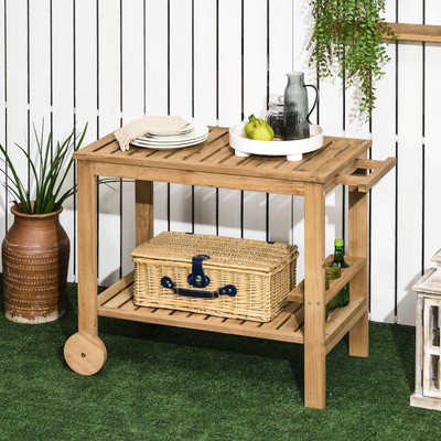 Outsunny Outdoor Wood Bar Cart Patio Serving Cart with Wine Holders Natural