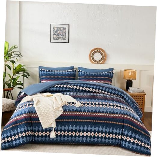 Blue Comforter Set Size 7 Piece, Boho Stripe Navy Bed in a Bag Queen Navy Blue