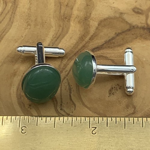 New Handmade Cufflinks Green Oval Aventurine Cabochon Gemstone Silver Plate - Picture 4 of 4