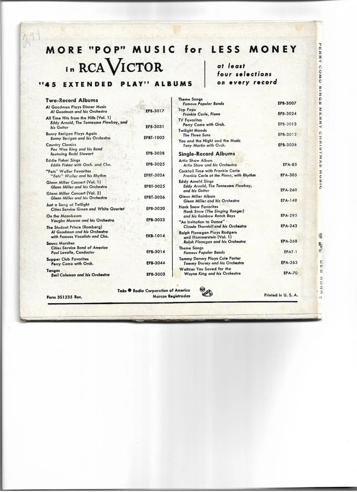 1952 PERRY COMO EP CHRISTMAS SONGS 8 SONGS NM COND. W/Orig Pic Sleve 45 rpm 7" - Image 2 of 4