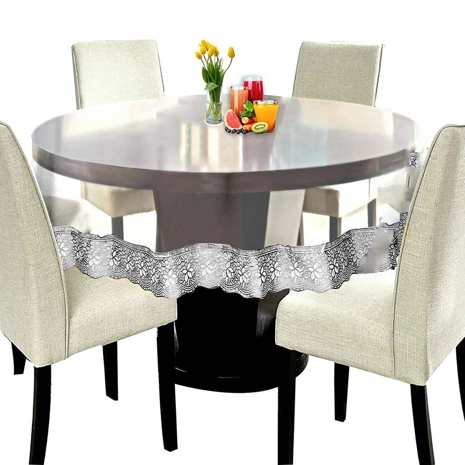 PVC  Round Transparent 4 Seater Dining Table Cover with White Lace 60 "  US - Image 3 of 3