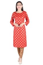 HANDITEXINDIA Women's Rayon Red Printed Straight Kurti RI-RKR-003 Red 