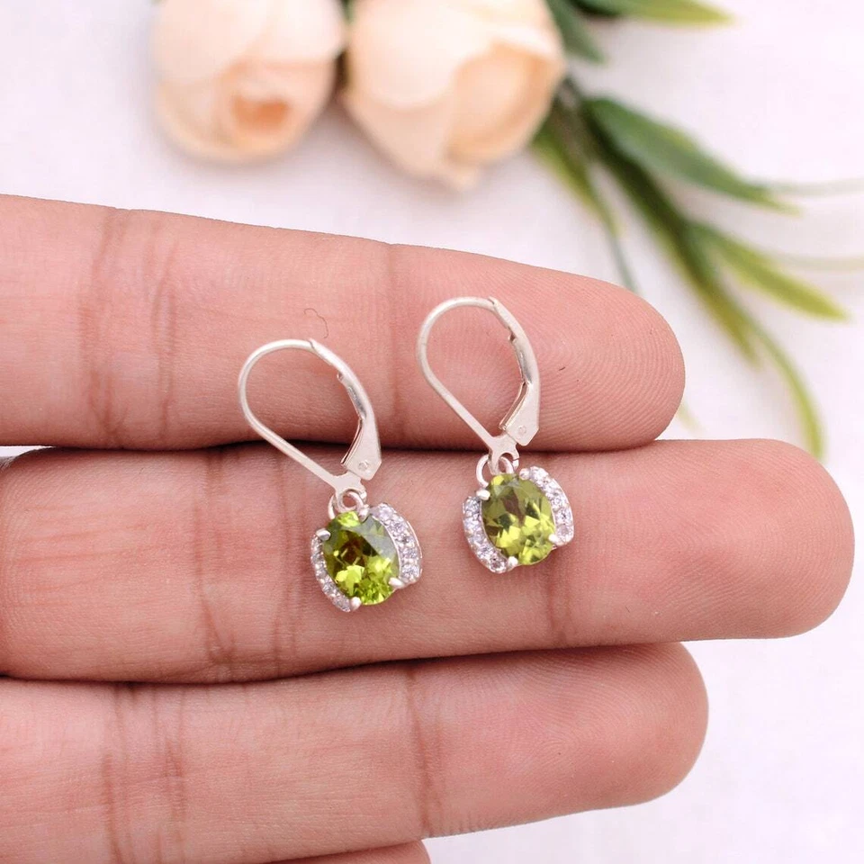 2.70 Karat Peridot & Weiß Topas Zacken Ohrringe 925 Massives Sterlingsilber - Bild 4 von 4