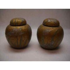 SET OF 2 Brass URNS Painted ENAMEL Gold BLUE PURPLE Flowers Made in INDIA