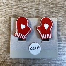 Red White Christmas Mitten Clip On Earring Jewelry Holiday Heart Hand Painted
