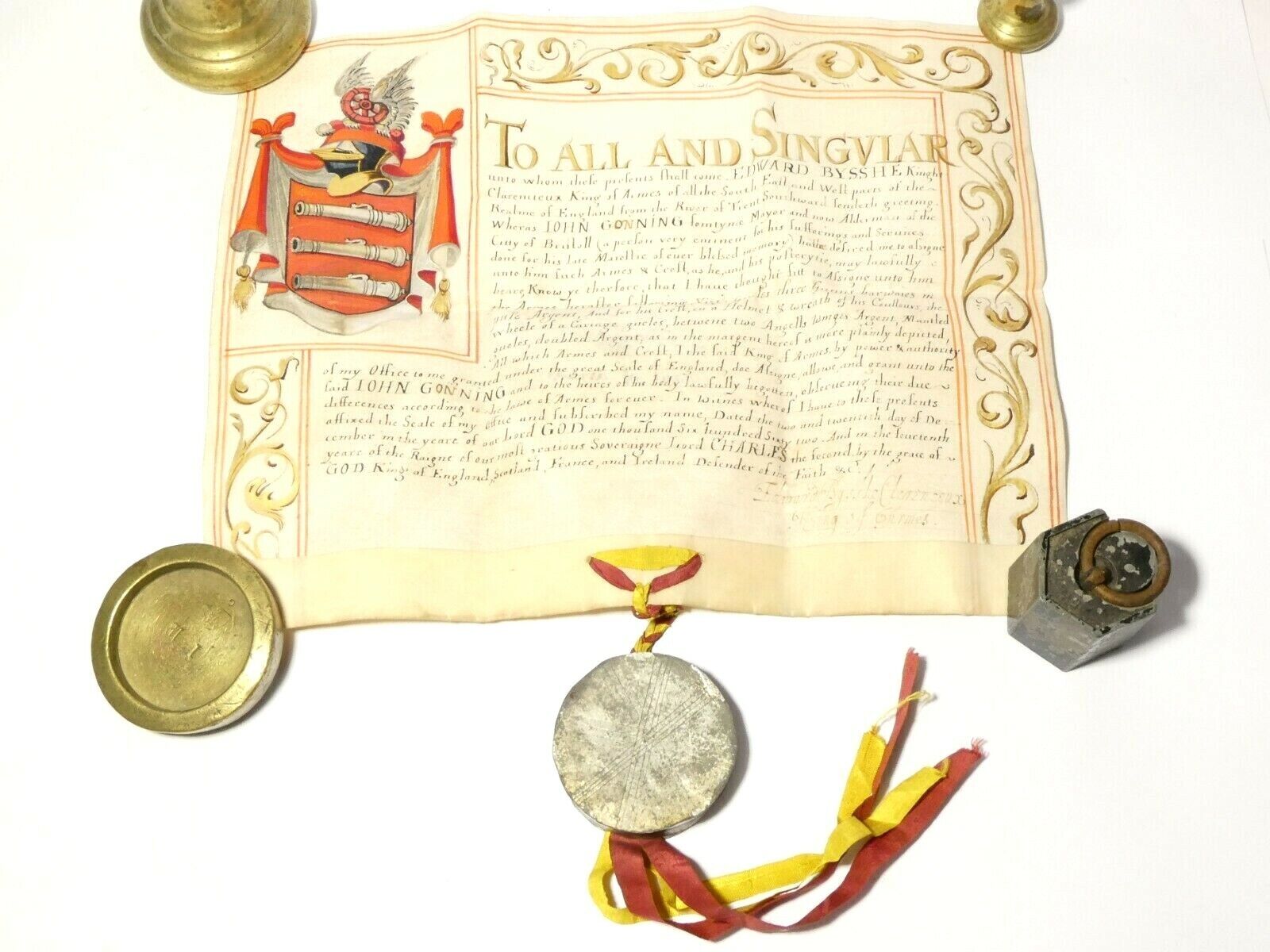 1662 Charles II Grand of Arms Illuminated Document & Seal JOHN GONNING Bristol 