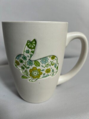 Hallmark Bunny Tall Coffee Mug Recessed Floral Rabbit Easter Ivory & Green Cup