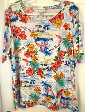 Rebecca Malone Blouse Sz 1X Flamingo Floral Palm Beach Tropical Top