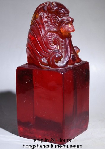 6" Old Chinese Red Amber Carving Dragon Loong Beast Seal Signet Stamp - Picture 4 of 12
