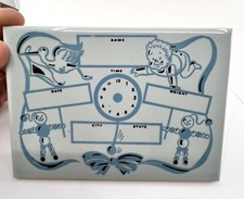 1950s Blue Ceramic TILE Baby Announcement 6" x 4.25" -Name-Date-Time-Weight