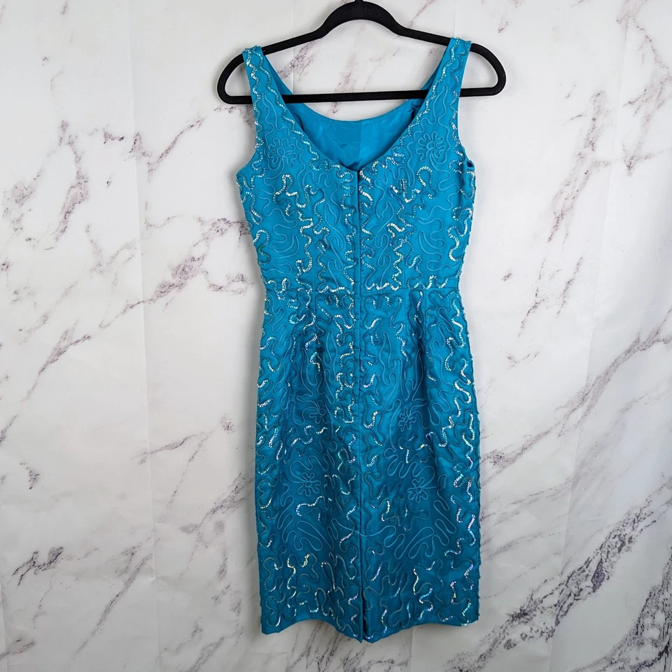 50s Blue Cocktail Sheath Dress Sequin Sleeveless ILGWU Vintage Size XS Jr. Theme - Image 2 of 4