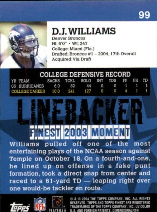 2004 Finest #99 D.J. Williams RC Rookie Card - Image 2 of 2