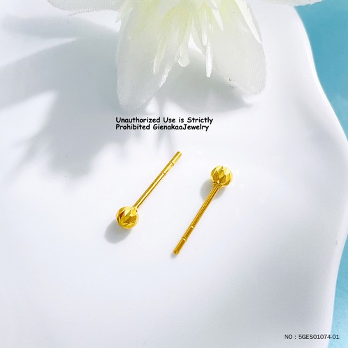 Pure 999 24K Yellow Gold Lucky Hollow 3.2mm Round Ball Small Earrings Stud 0.6g - Picture 3 of 4