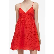 NWT H&M Red Eyelet Cotton Mini Dress XL V-Neck Spaghetti Strap Scalloped Hem NEW