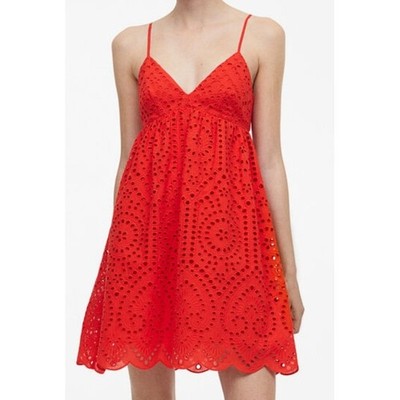 NWT H&M Red Eyelet Cotton Mini Dress XL V-Neck Spaghetti Strap Scalloped Hem NEW