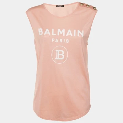 T-shirt sans manches en coton appliqué logo pêche Balmain M - Photo 1/4