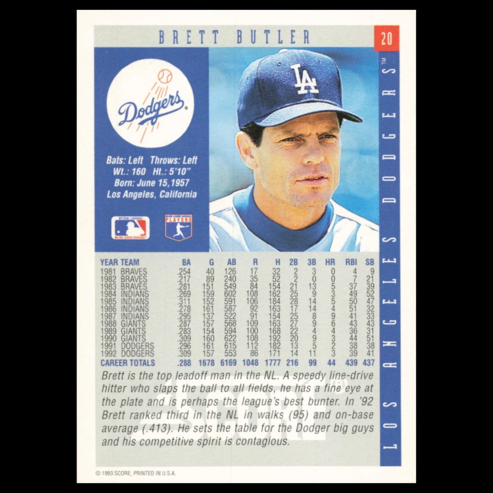 Brett Butler #20 1993 Score Los Angeles Dodgers Baseball Card MLB NM - Image 2 of 3