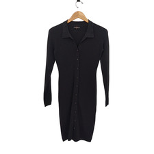 Quince Women Eco-Knit Button-Up Sweater Dress Black Basic Sleeved S