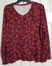 Croft & Barrow Women Plus XXL Red Paisley V Neck Long Sleeve Classic Cotton Tee