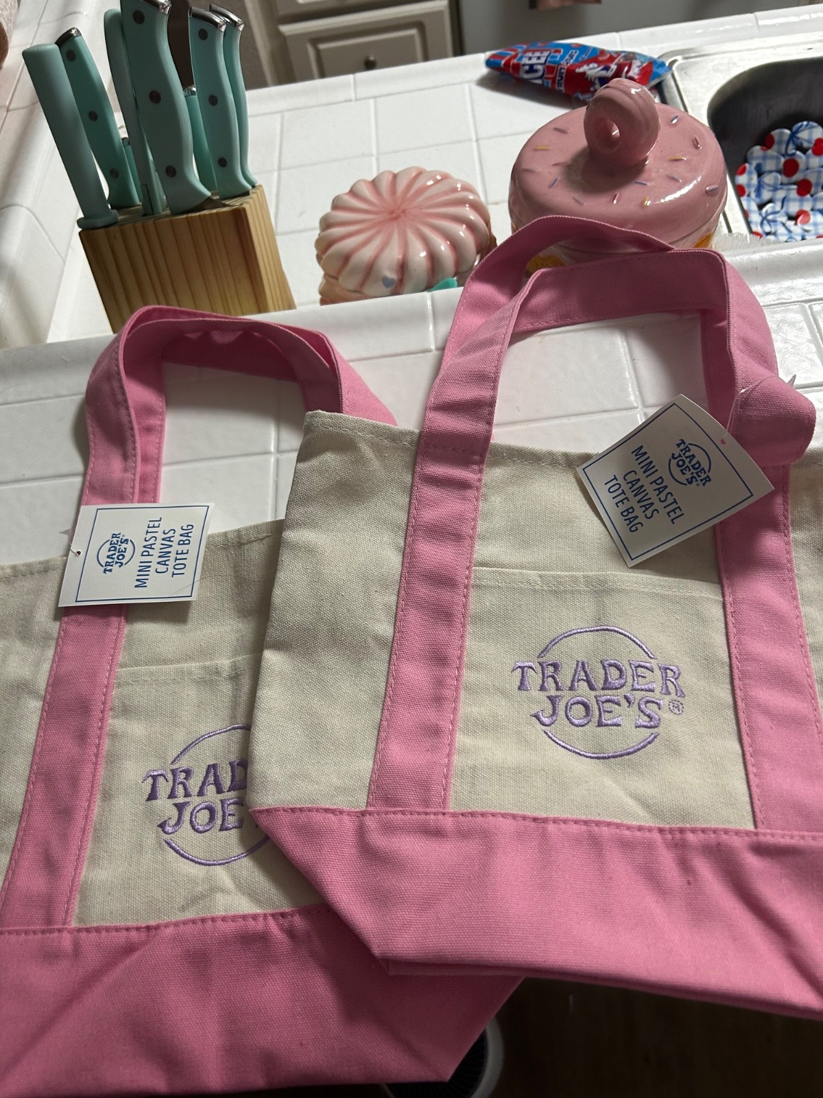 NWT Trader Joes Mini Canvas Tote Bag Spring 2025 Pastel Pink New With Tags