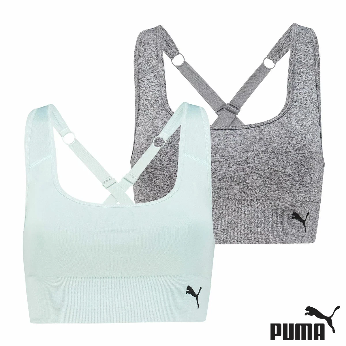 Puma Seamless Square Neck Sports Bra 2 Pack In Grey & Mint Size M