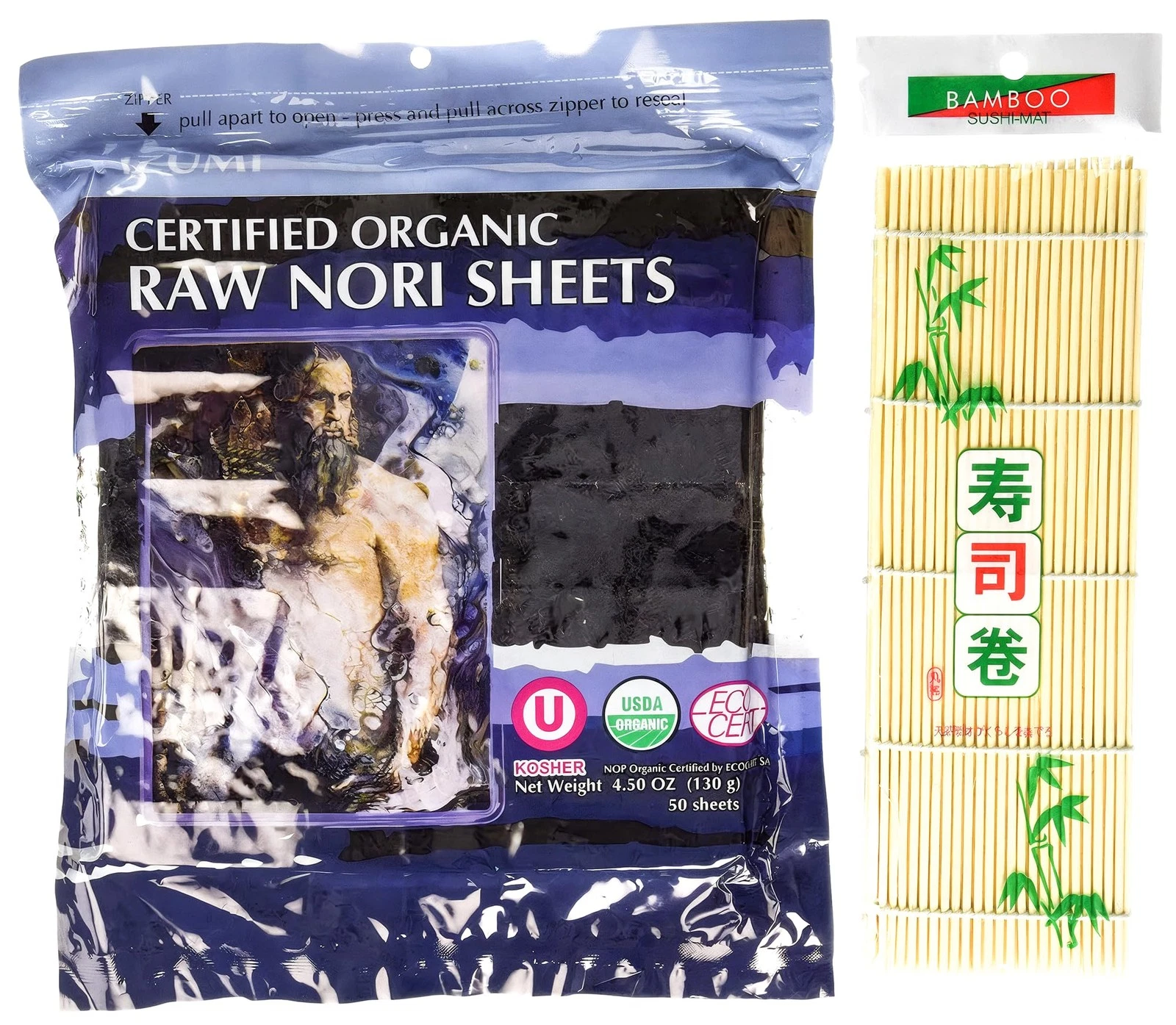 Raw Organic Nori Sheets 50 qty Pack + Free Sushi Roller Mat! - Certified Vega...