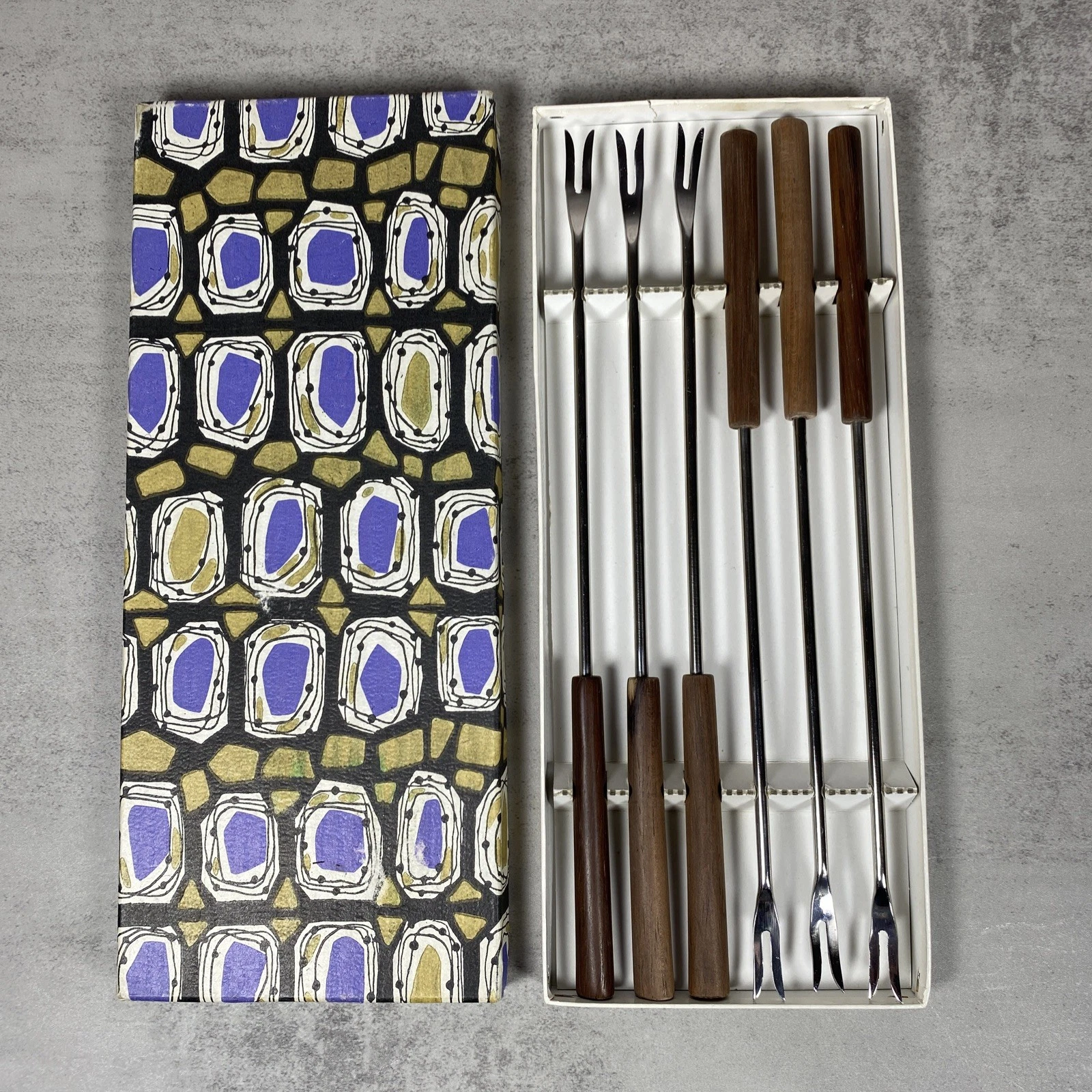 Vintage Fillame French Fondue Forks Set (6) 18/8 Stainless Steel, Wood handles