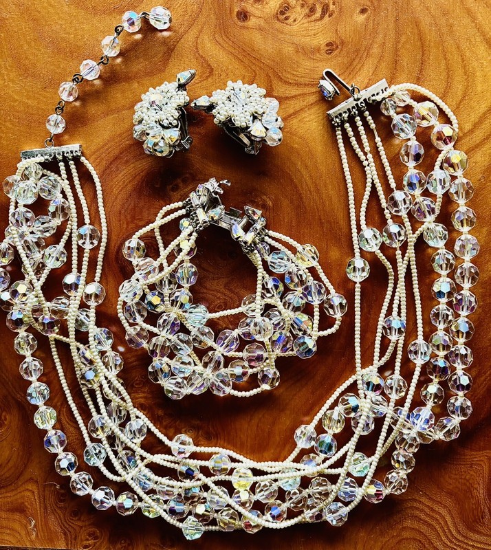 1950s Signed Eugene Necklace Bracelet Earrings Schultz SET Crystal Pearl Vintage