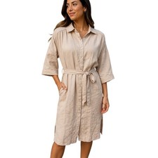 Tahari Womens 100% Linen Belted Button Down Shirt Dress Tan Beige Small