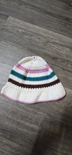 Handmade Crochet Knit Striped Beanie Hat White Pink Brown Teal