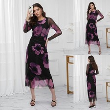 Womens Elegant Floral Mesh Sheer Midi Dress Gown Cocktail Evening Formal Party