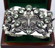 925 Sterling Silver Green Amethyst Gemstone Handmade Jewelry Cuff Bracelet ADJ