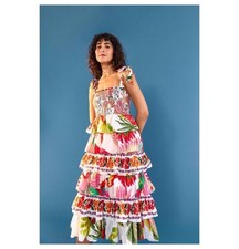 Farm Rio Tropical Print Tiered Smocked Cotton Dress Midi Womens XS Bow Tie Strap