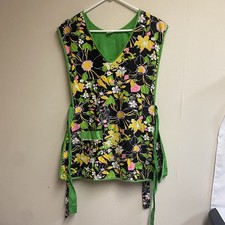 Vintage Cotton Smock Apron W/Pocket Mid Century Modern Green Black Flowers