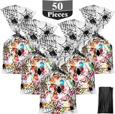 HESTYA 50 Counts 15 x 25 cm Clear Cellophane Treat Bags with 300 Multicolor 