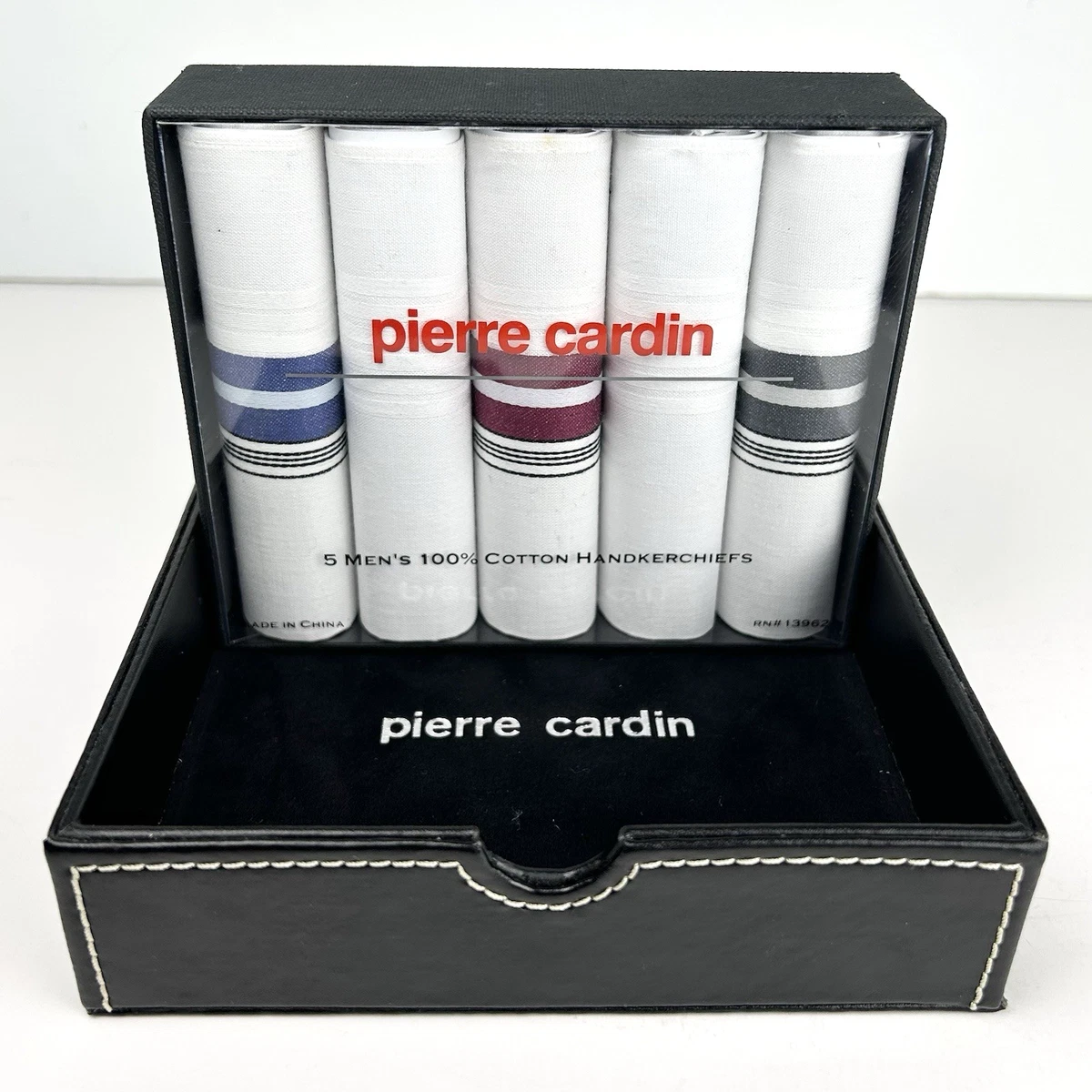 Pierre Cardin 5 Father's Day Handkerchiefs 100% Cotton Striped Leather Box New