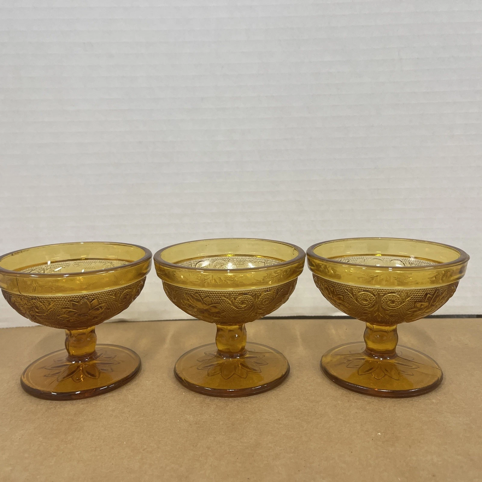 Vintage Tiara Amber Sandwich Sherbet/Dessert Glass  Set Of 3 ~ 3 1/8”