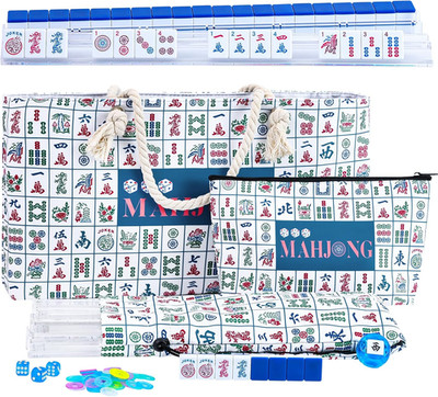 American Mahjong Set: 166 Dark Blue Tiles, 4 Clear Racks with Pushers, Mahjong B