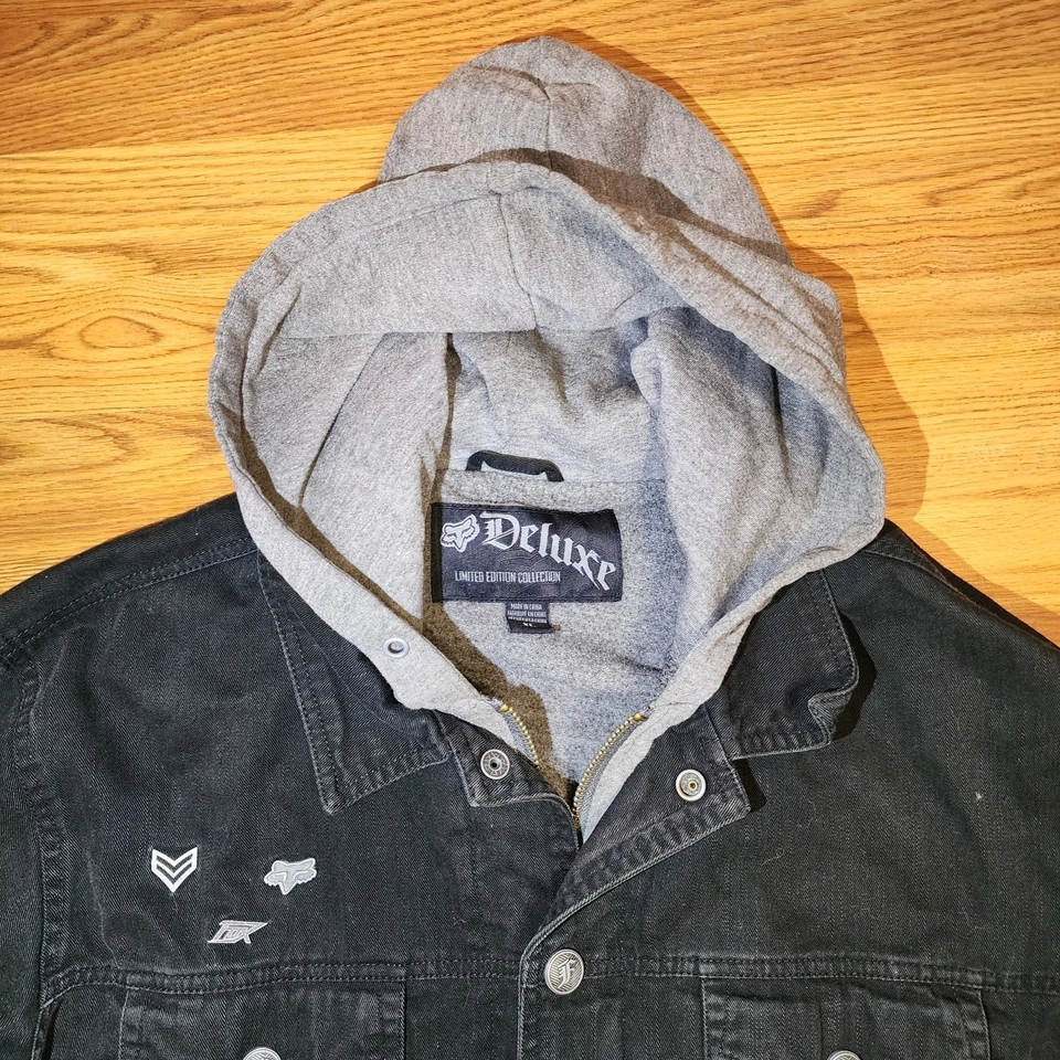 Chaqueta de Colección Fox Deluxe Para Hombres X Grande Negra Gris Con Capucha Denim Prendedores Y2K Grunge Foto 3 de 4