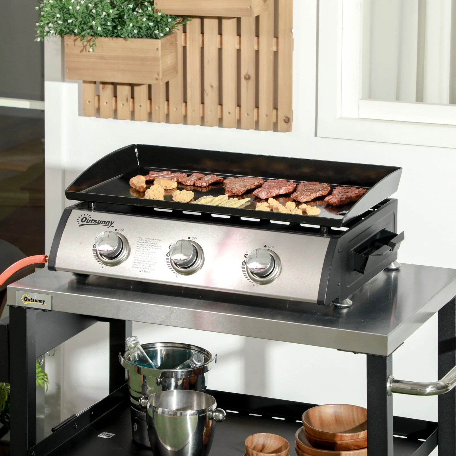 Tabletop Gas Plancha Barbecue Grill with 3 Stainless Steel Burner and Lid
Opens in a new window or t