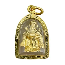 Caishen Chinese God of Wealth Fortune Amulet Pendant Gold Plated Frame