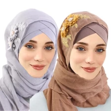Muslim Women 2PCS Hijab Bonnet Cap Floral Headscarf Wrap Shawls Arab Headwear