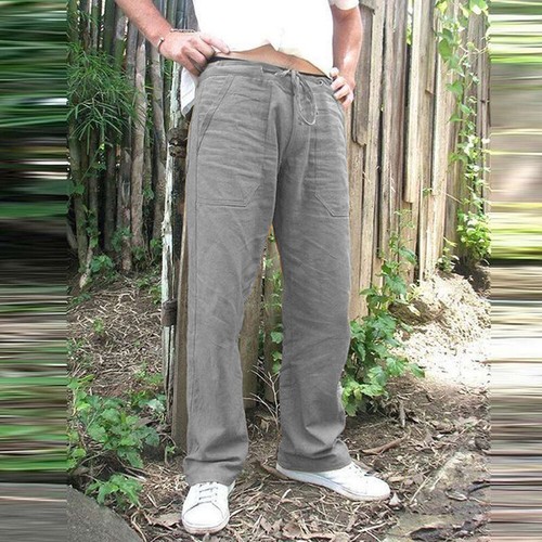 Men Linen Drawstring Pants Straight Leg 