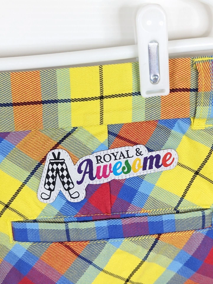 Royal & Awesome Golf Shorts Women's Size 16 Yellow Red Blue Tartan Plaid - Image 4 of 4