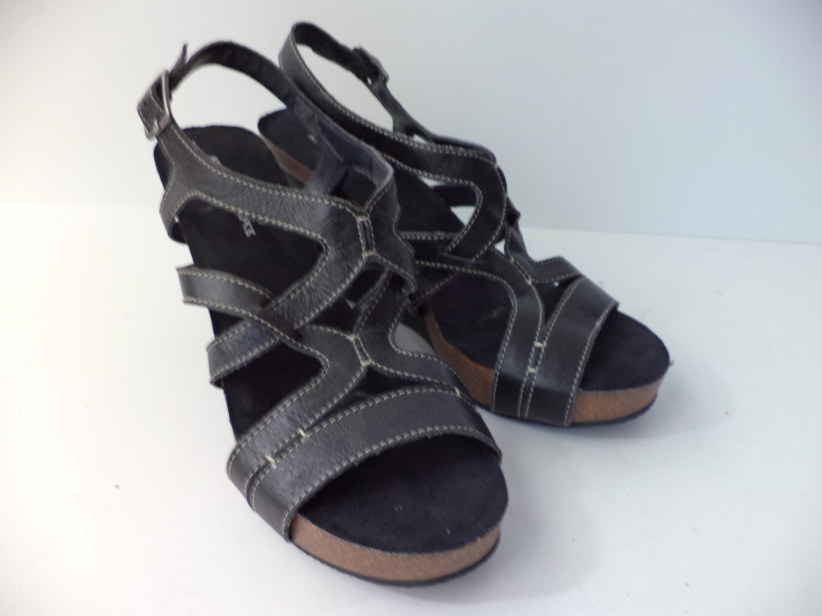Audrey Brooke 'Grenada' Ee. Uu. 7M Cuero Negro Tacón Plataforma Zapatos Sandalia