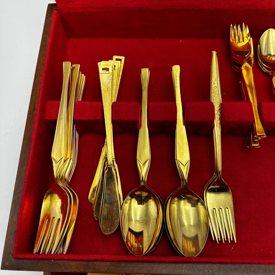Cubiertos vintage chapados en oro de acero inoxidable cubiertos Rogers & Maribo 71 piezas TTL Foto 4 de 4