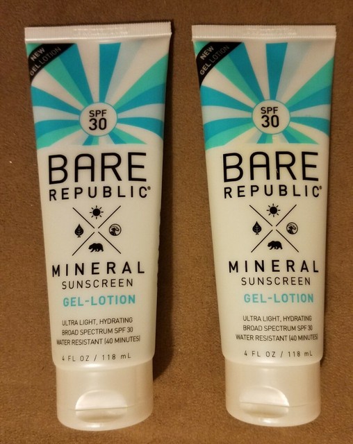 2x Bare Republic Mineral Sunscreen GEL Lotion SPF 30 4oz Zinc Oxide