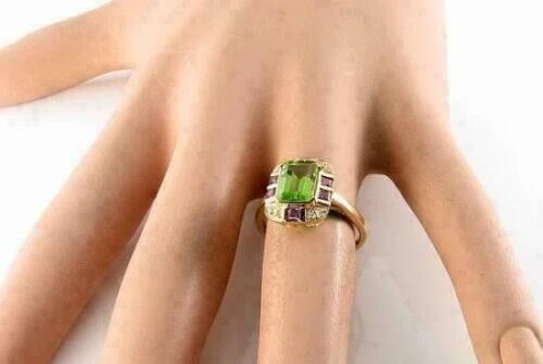 3Ct Emerald Cut Peridot Amethyst Diamond Lab Created Ring 14K Yellow Gold Finish - Image 3 of 4