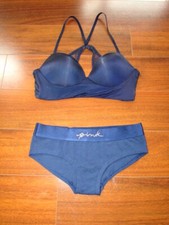 VICTORIA'S SECRET NWT S/M WIREFREE PUSH-UP Racer Bra BLING Panty SET a93